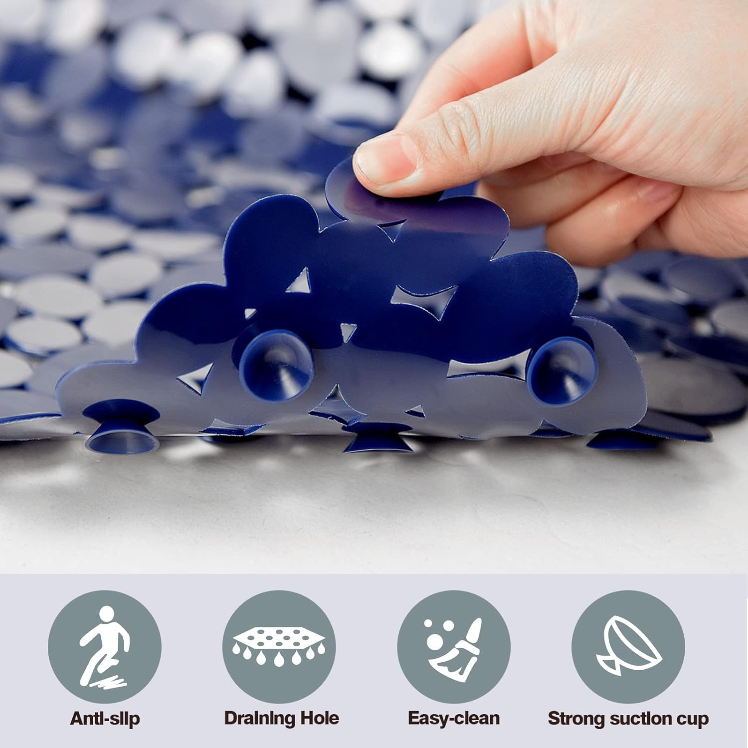 SONGZIMING Bathtub Mat Non Slip Pebble Bath Shower Mat with Drain Holes, Suction Cups Mat for Tub 16 W x 35 L, Navy Blue